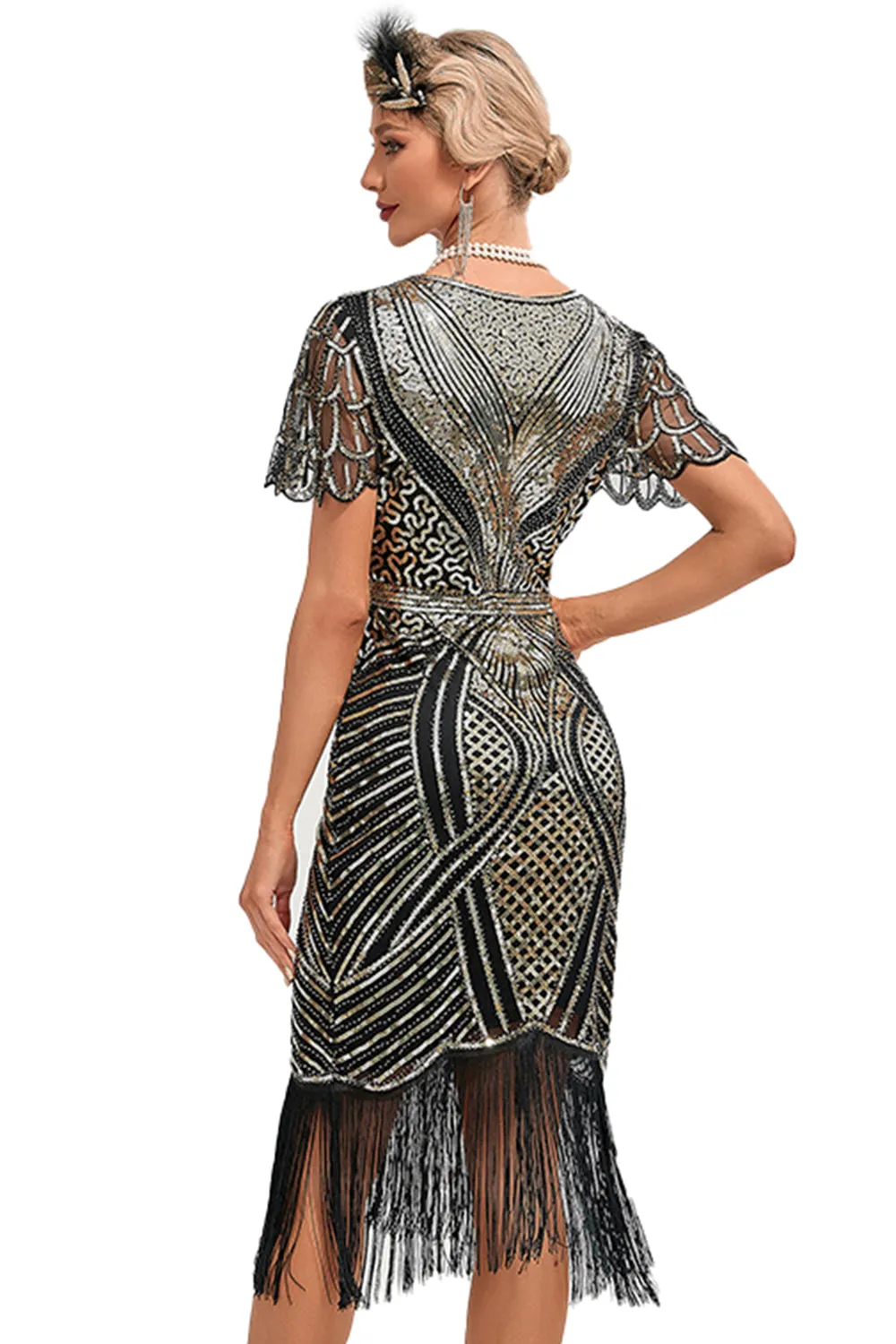Black Golden Glitter Fringes 1920s Dress with Accessories Set sold by Zapaka product image thumbnail 2