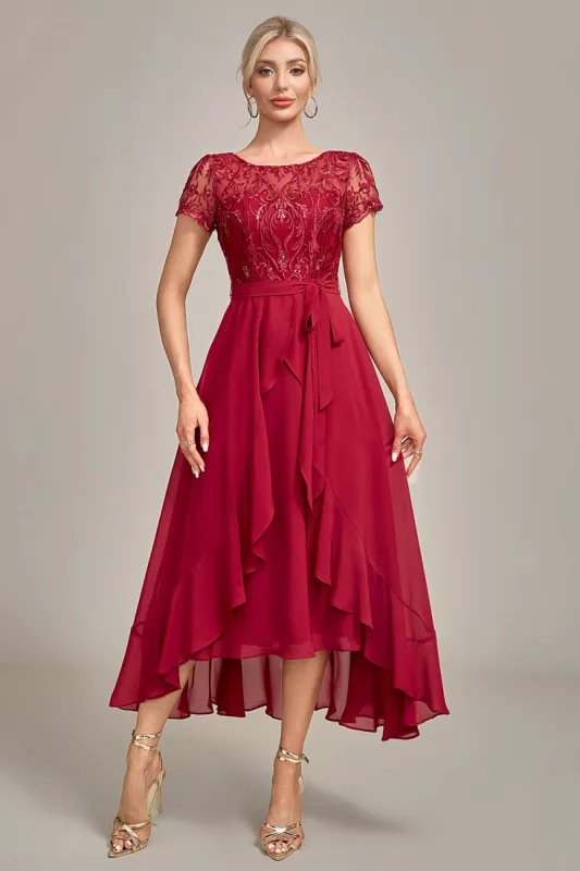 Sparkly Burgundy Asymmetrical Sequin Mother of Bride Dress with Appliques sold by Zapaka