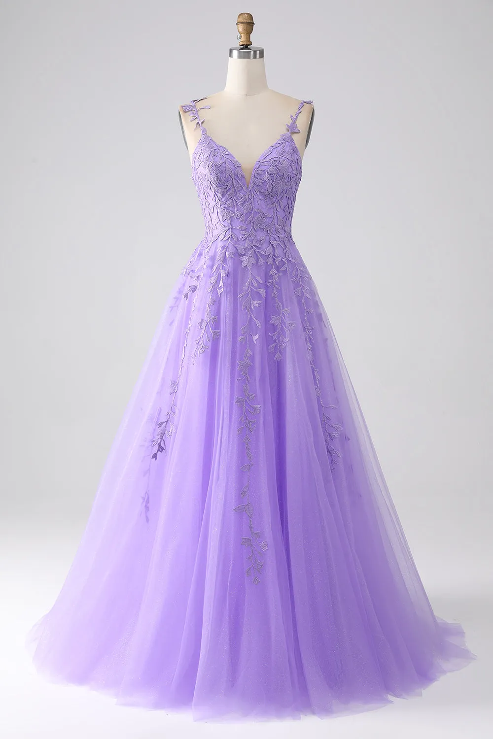 Lilac A-Line Spaghetti Straps Long Prom Dress with Appliques sold by Zapaka