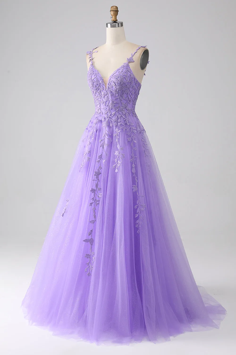 Lilac A-Line Spaghetti Straps Long Prom Dress with Appliques sold by Zapaka product image thumbnail 3