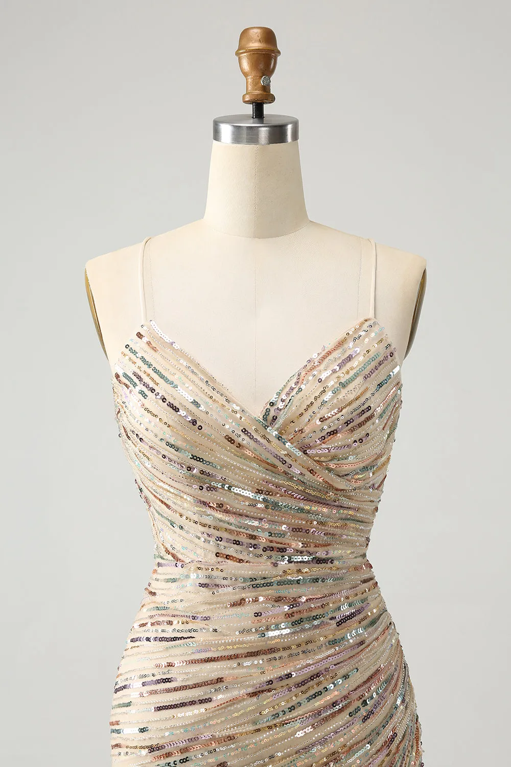 Glitter Champagne Spaghetti Straps Tight Short Homecoming Dress with Sequins sold by Zapaka product image thumbnail 4