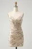 Glitter Champagne Spaghetti Straps Tight Short Homecoming Dress with Sequins sold by Zapaka