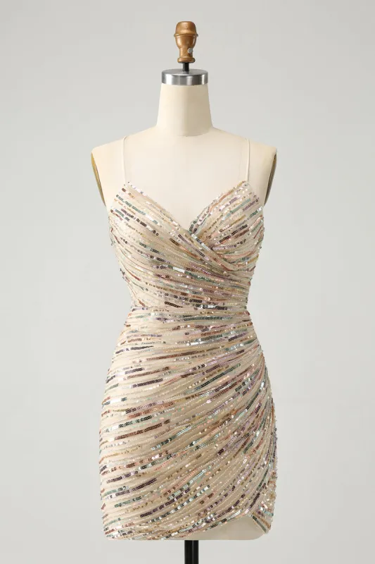 Glitter Champagne Spaghetti Straps Tight Short Homecoming Dress with Sequins sold by Zapaka