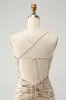 Glitter Champagne Spaghetti Straps Tight Short Homecoming Dress with Sequins sold by Zapaka