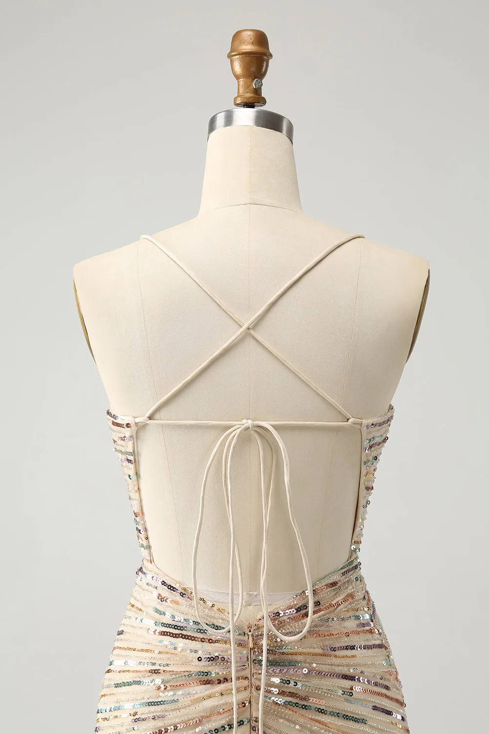 Glitter Champagne Spaghetti Straps Tight Short Homecoming Dress with Sequins sold by Zapaka product image thumbnail 5