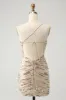 Glitter Champagne Spaghetti Straps Tight Short Homecoming Dress with Sequins sold by Zapaka