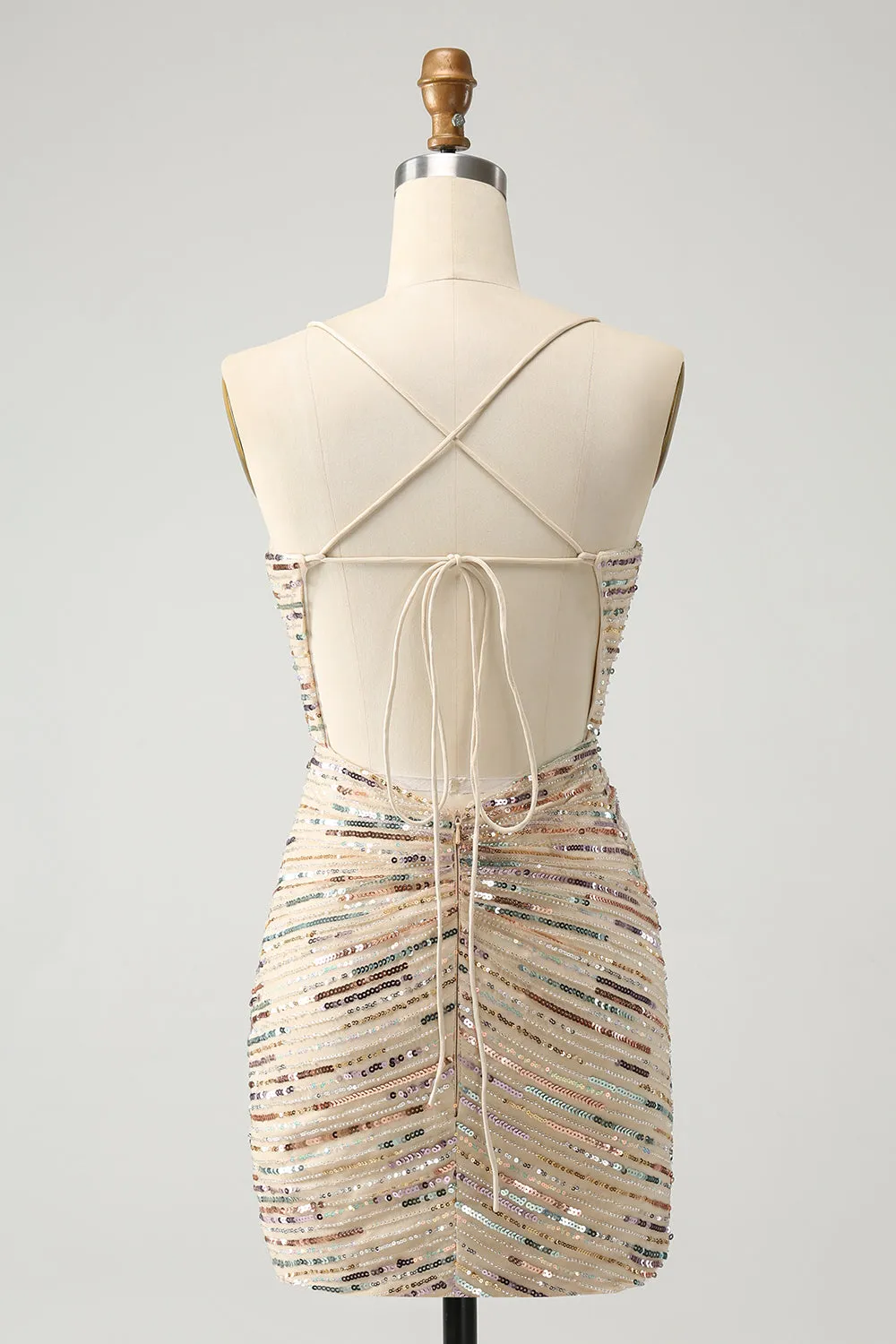 Glitter Champagne Spaghetti Straps Tight Short Homecoming Dress with Sequins sold by Zapaka product image thumbnail 2