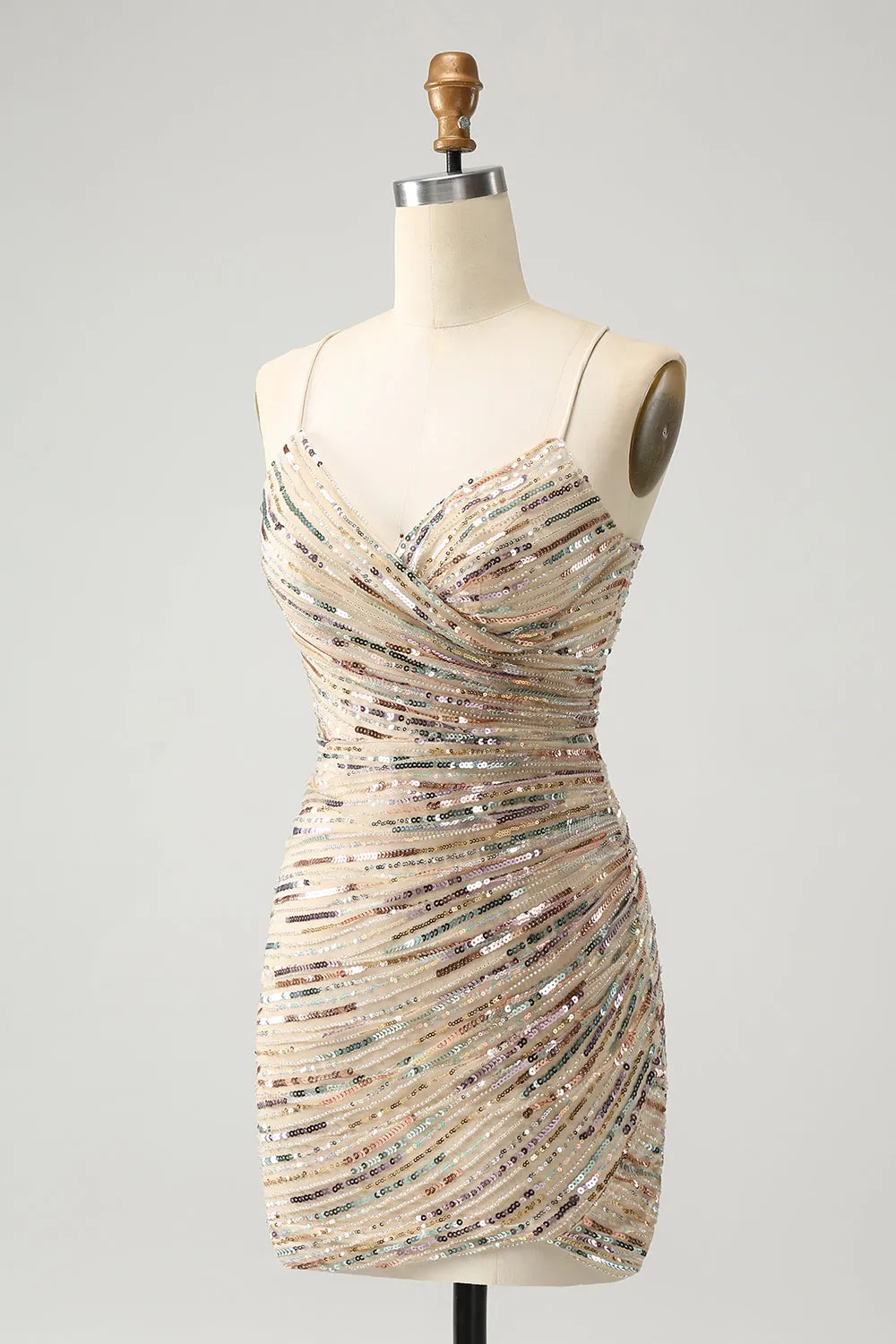 Glitter Champagne Spaghetti Straps Tight Short Homecoming Dress with Sequins sold by Zapaka product image thumbnail 3