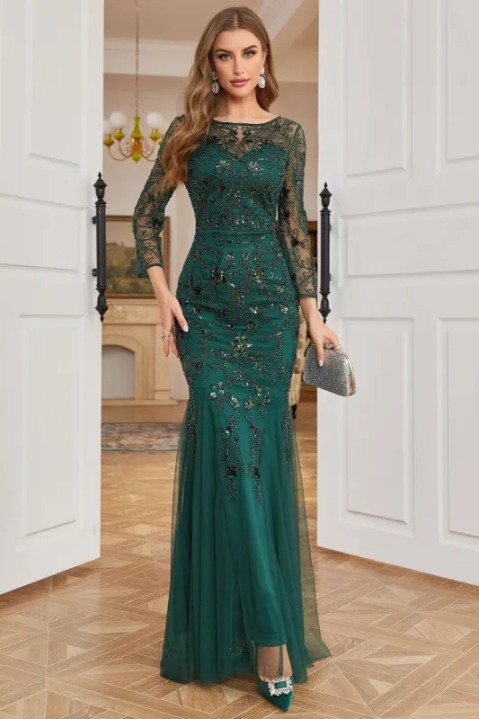 Dark Green Long Sleeves Beading Formal Evening Party Dress sold by Zapaka