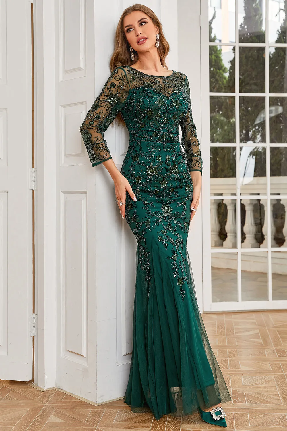 Dark Green Long Sleeves Beading Formal Evening Party Dress sold by Zapaka product image thumbnail 5
