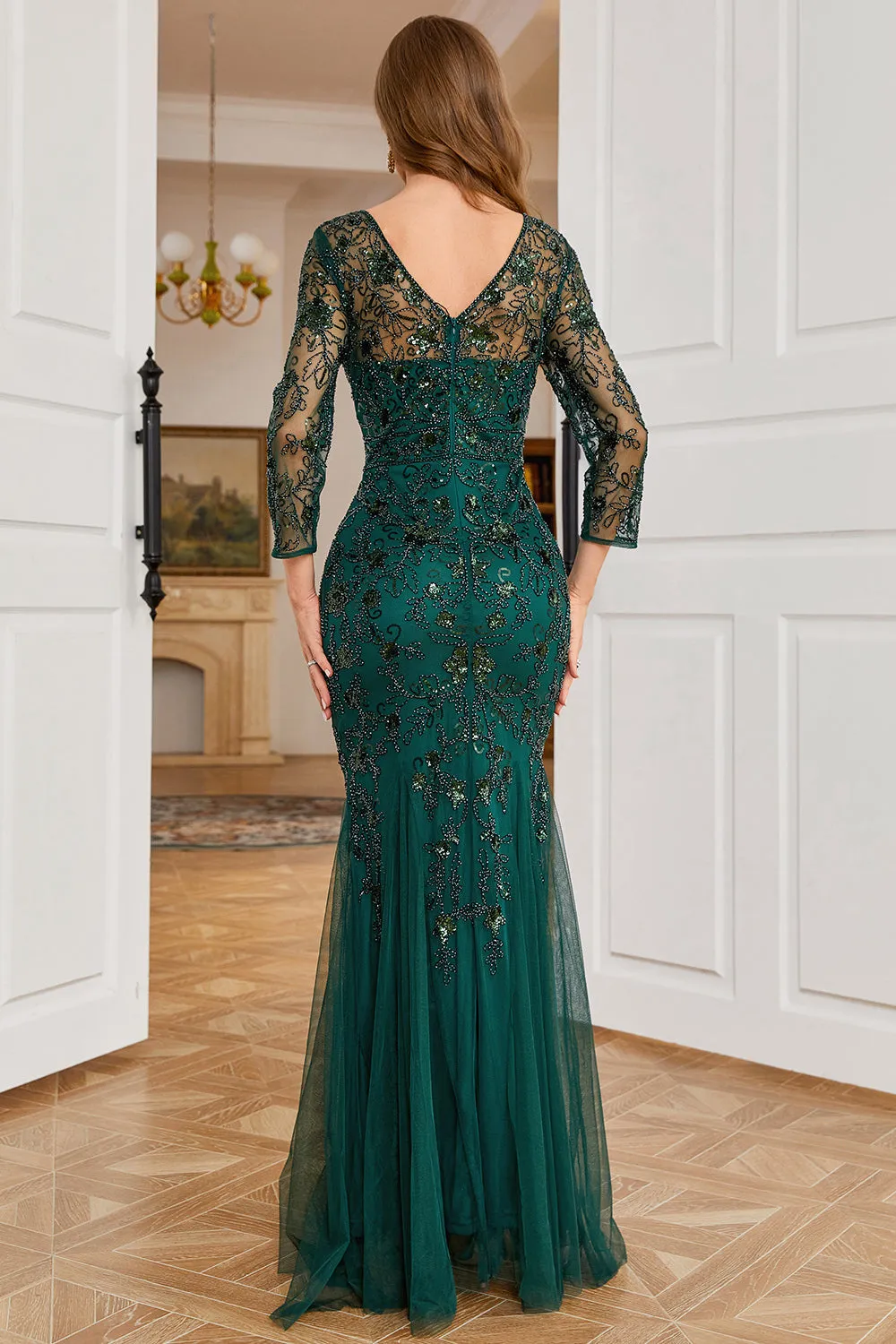 Dark Green Long Sleeves Beading Formal Evening Party Dress sold by Zapaka product image thumbnail 2