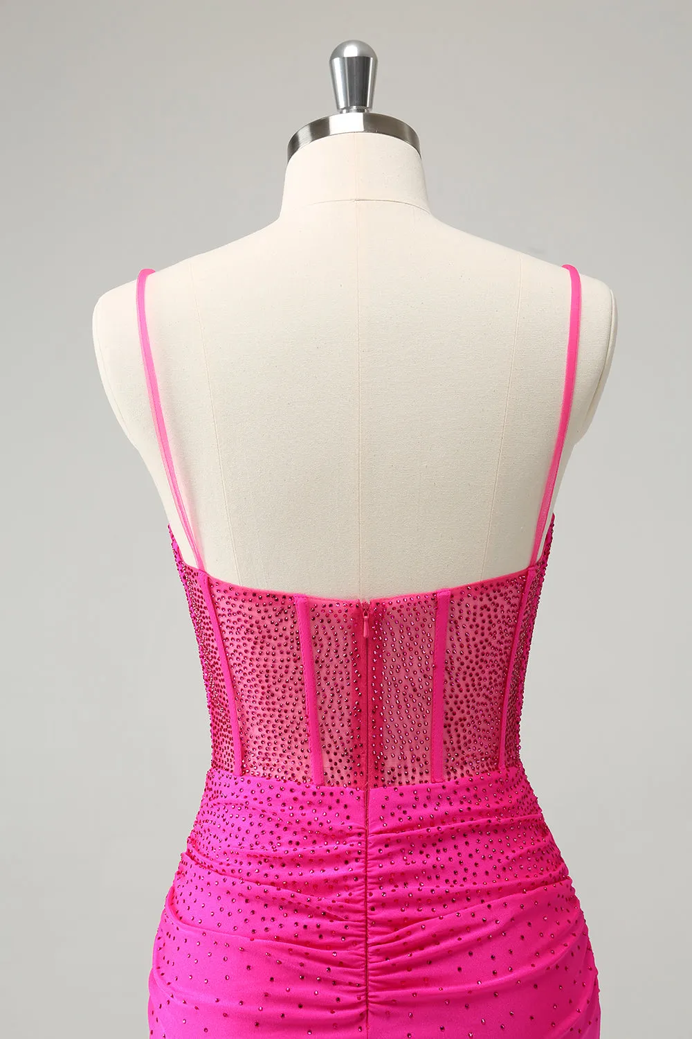 Fuchsia Bodycon Spaghetti Straps Ruched Short Homecoming Dress with Beading sold by Zapaka product image thumbnail 4