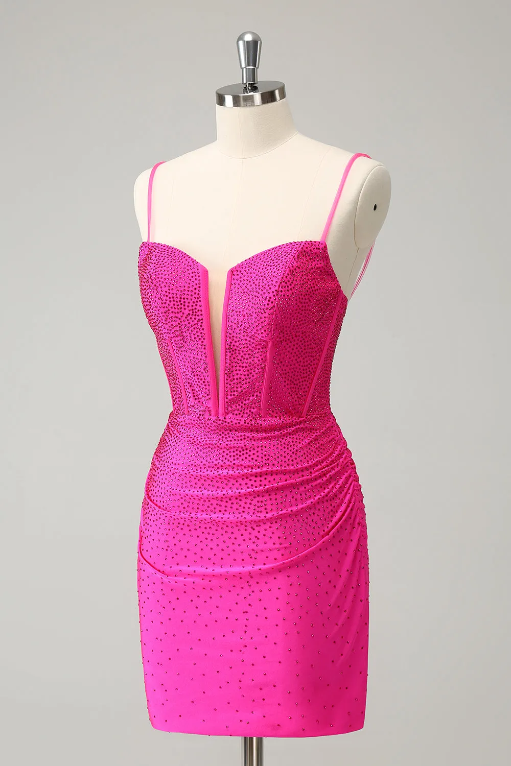 Fuchsia Bodycon Spaghetti Straps Ruched Short Homecoming Dress with Beading sold by Zapaka product image thumbnail 3