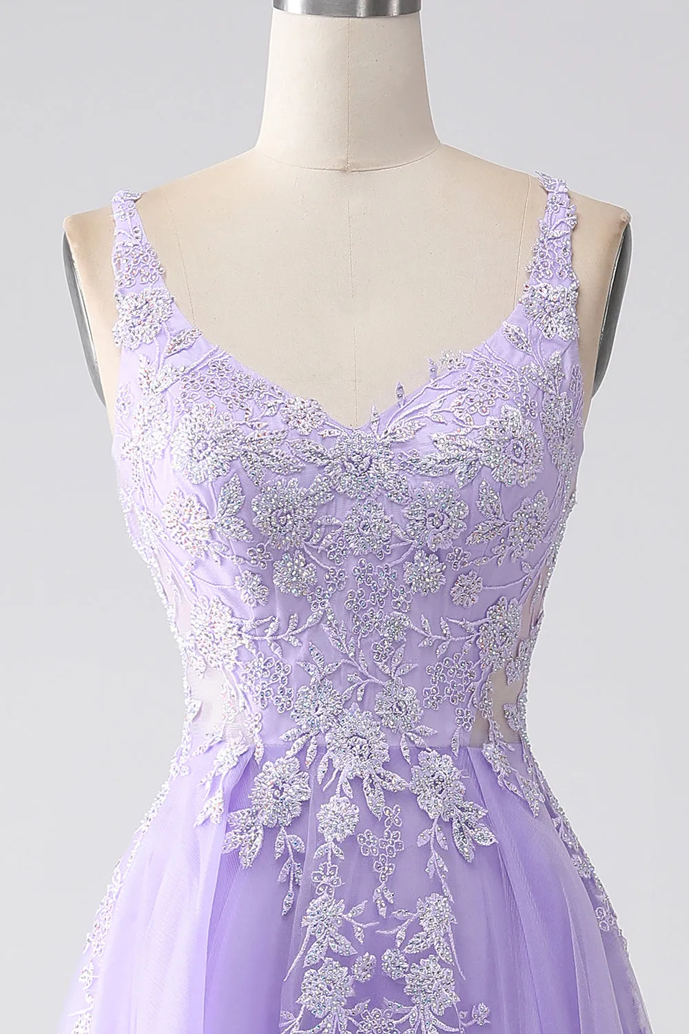 Lilac A-Line Spaghetti Straps Tulle Long Prom Dress with Appliques sold by Zapaka product image thumbnail 4