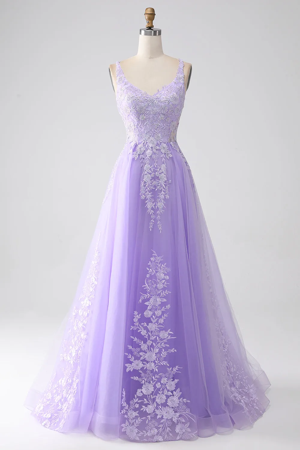 Lilac A-Line Spaghetti Straps Tulle Long Prom Dress with Appliques sold by Zapaka
