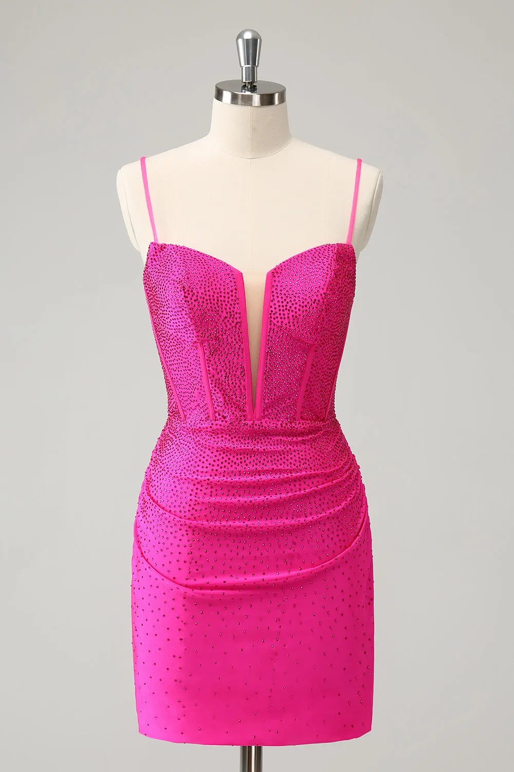 Fuchsia Bodycon Spaghetti Straps Ruched Short Homecoming Dress with Beading sold by Zapaka