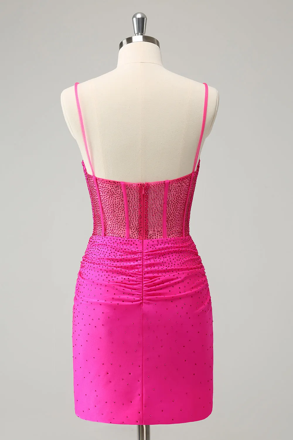 Fuchsia Bodycon Spaghetti Straps Ruched Short Homecoming Dress with Beading sold by Zapaka product image thumbnail 2