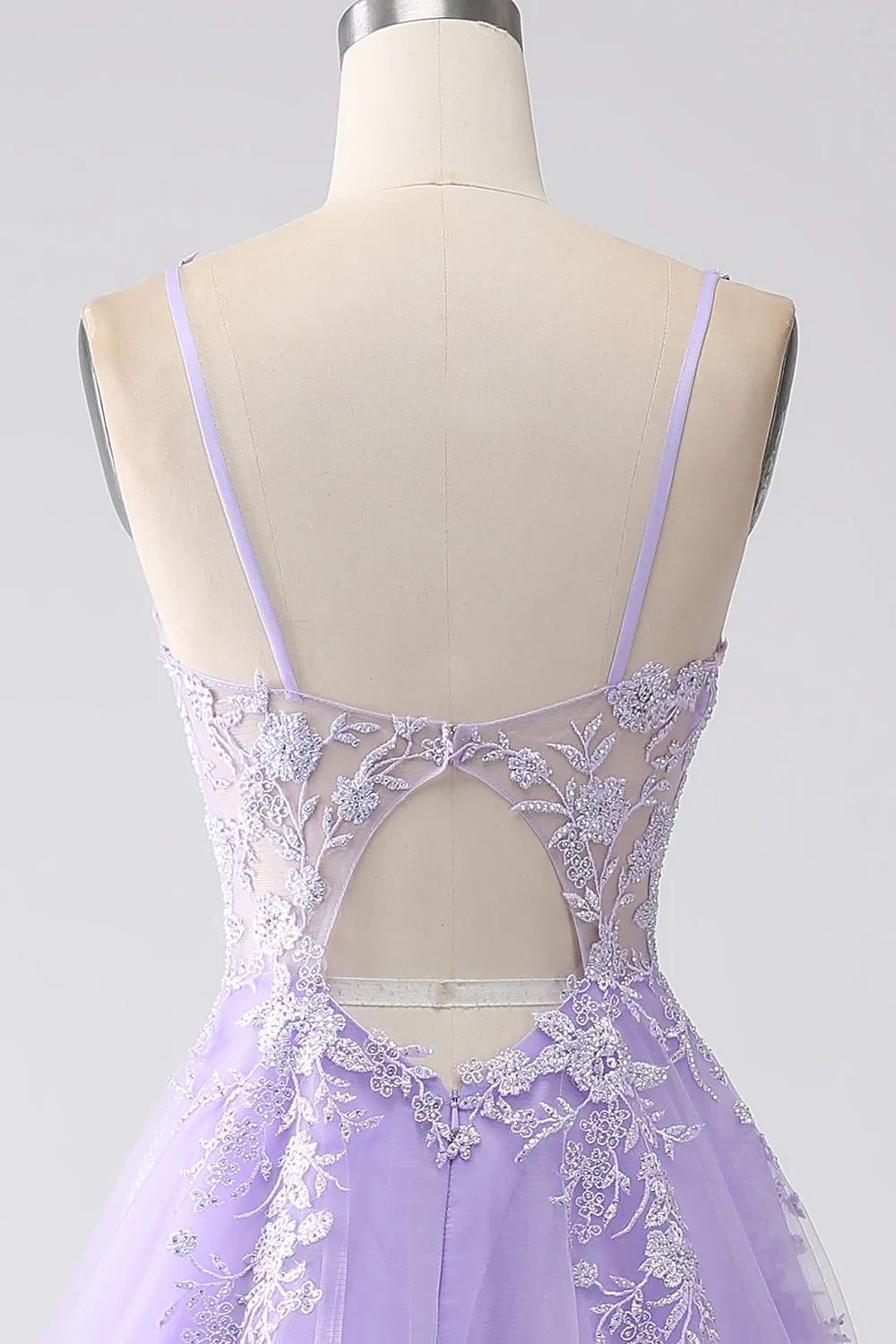 Lilac A-Line Spaghetti Straps Tulle Long Prom Dress with Appliques sold by Zapaka product image thumbnail 5