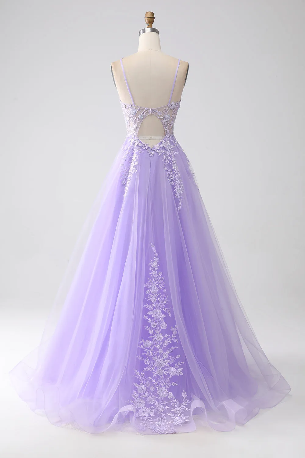 Lilac A-Line Spaghetti Straps Tulle Long Prom Dress with Appliques sold by Zapaka product image thumbnail 2