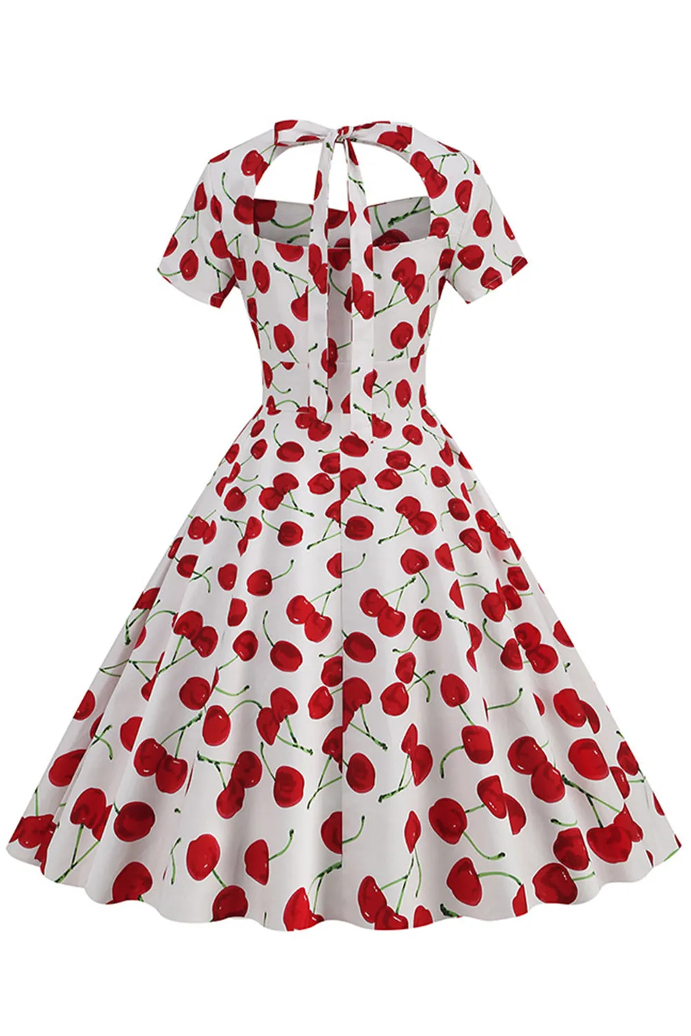 White Cherries Print Halter Vintage Dress With Short Sleeves sold by Zapaka product image thumbnail 2