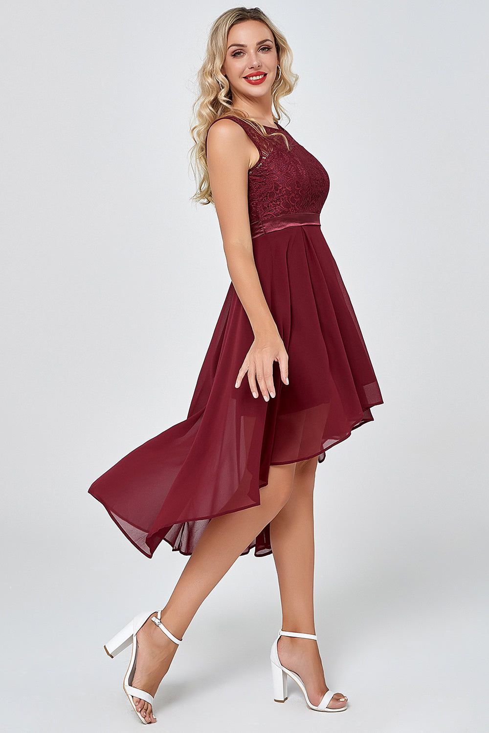Burgundy High Low Chiffon Party Dress with Lace sold by Zapaka product image thumbnail 4