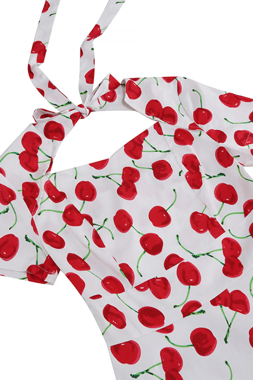 White Cherries Print Halter Vintage Dress With Short Sleeves sold by Zapaka product image thumbnail 3