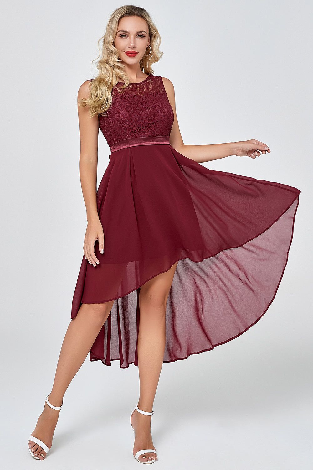 Burgundy High Low Chiffon Party Dress with Lace sold by Zapaka product image thumbnail 3