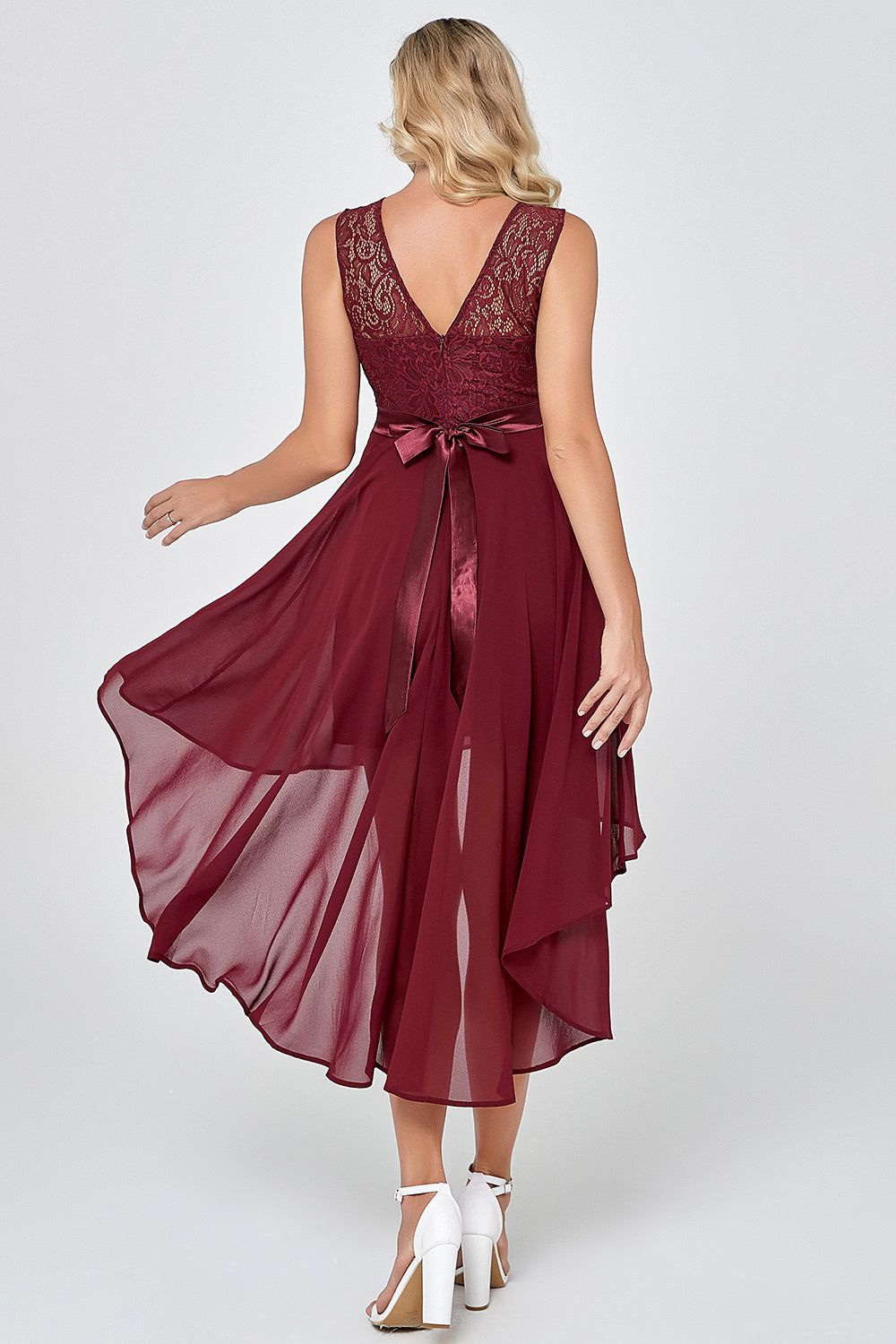 Burgundy High Low Chiffon Party Dress with Lace sold by Zapaka product image thumbnail 2