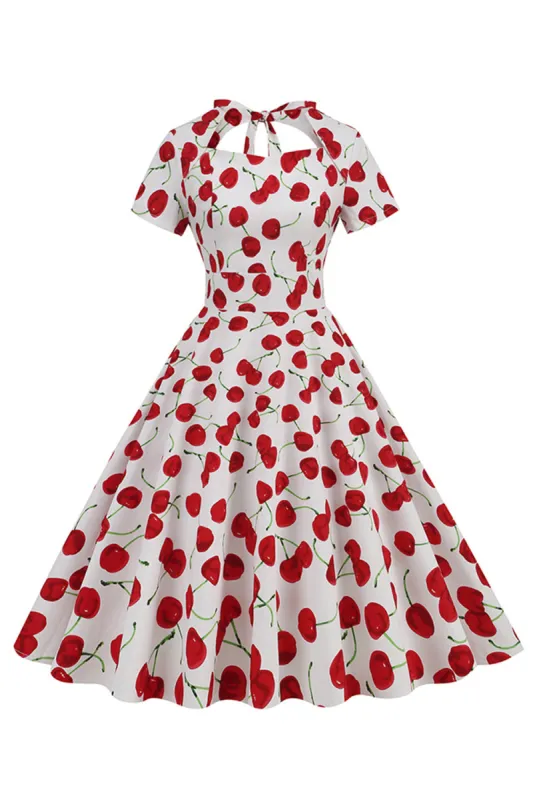 White Cherries Print Halter Vintage Dress With Short Sleeves sold by Zapaka