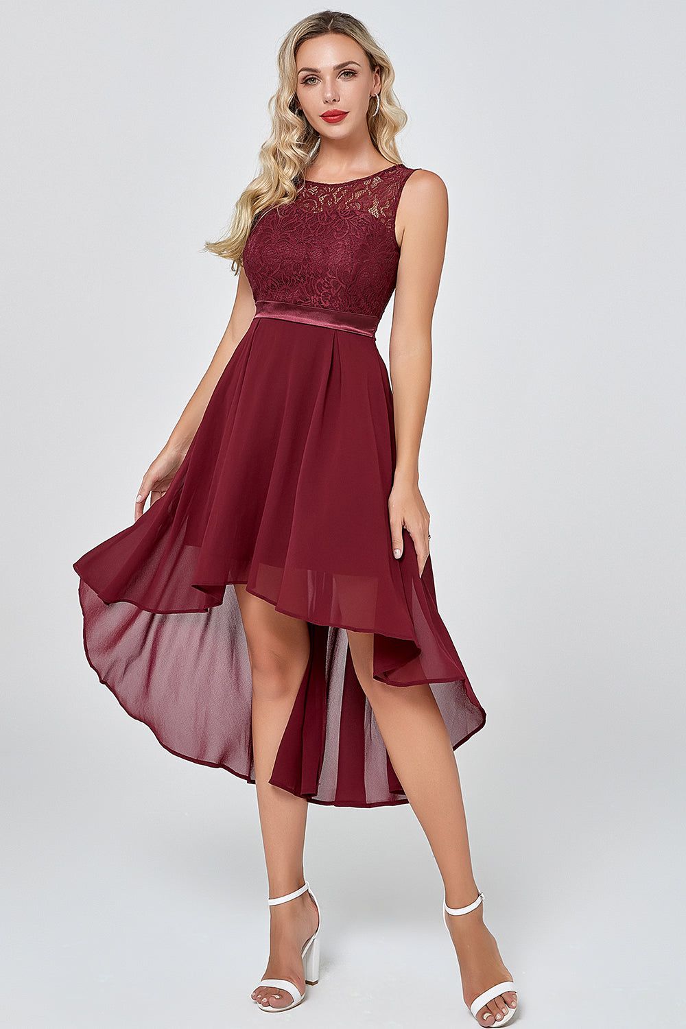 Burgundy High Low Chiffon Party Dress with Lace sold by Zapaka product image thumbnail 5