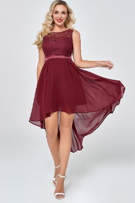 Burgundy High Low Chiffon Party Dress with Lace sold by Zapaka