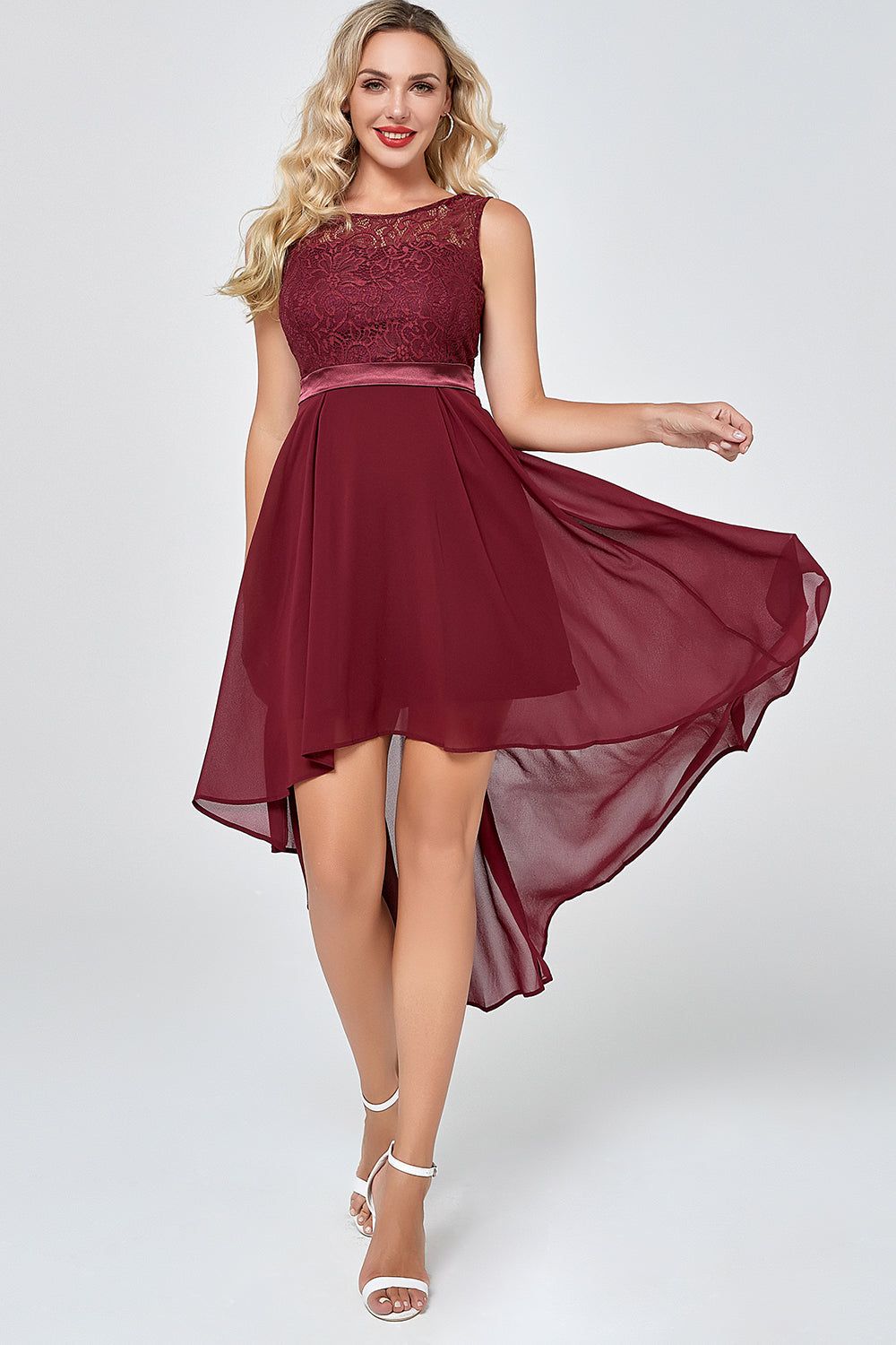 Burgundy High Low Chiffon Party Dress with Lace sold by Zapaka