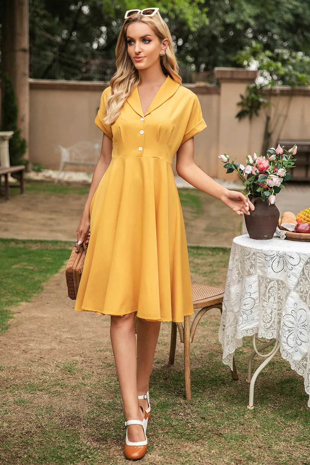 Elegant Yellow V Neck Vintage Dress sold by Zapaka product image thumbnail 3