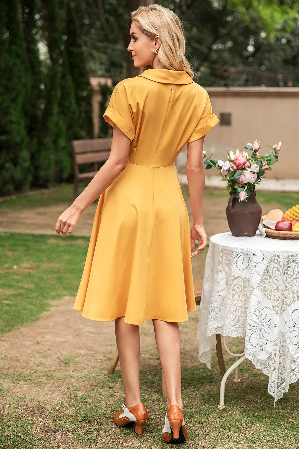 Elegant Yellow V Neck Vintage Dress sold by Zapaka product image thumbnail 2