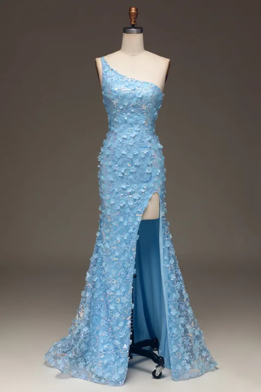 Light Blue Mermaid One Shoulder Side Slit Sequin Prom Dress with Appliques sold by Zapaka