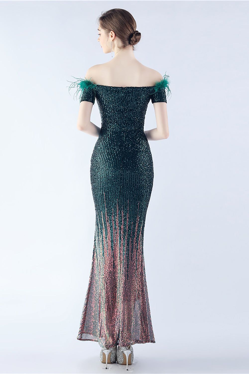 Dark Green Off the Shoulder Mermaid Sequin Formal Dress With Feather sold by Zapaka product image thumbnail 2