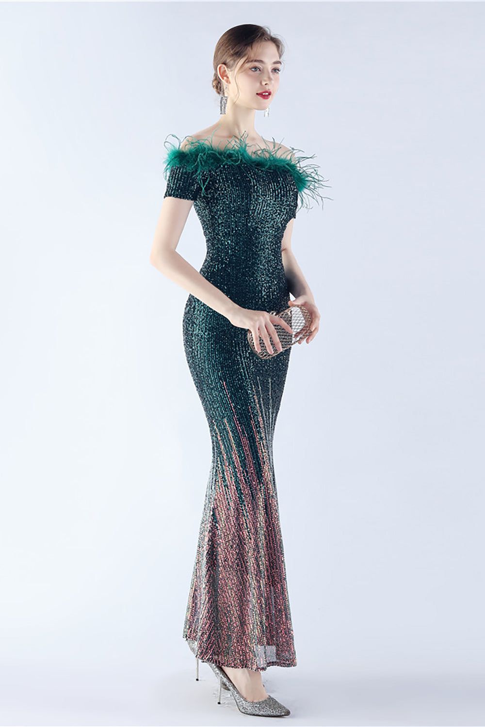 Dark Green Off the Shoulder Mermaid Sequin Formal Dress With Feather sold by Zapaka product image thumbnail 4