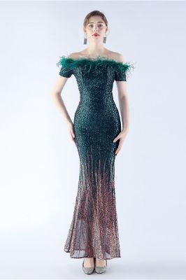 Dark Green Off the Shoulder Mermaid Sequin Formal Dress With Feather sold by Zapaka
