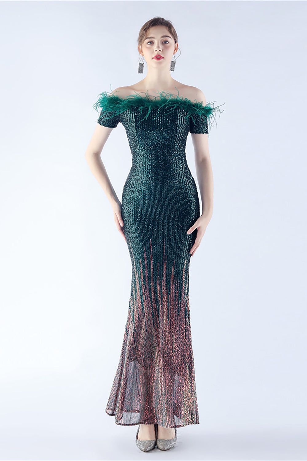 Dark Green Off the Shoulder Mermaid Sequin Formal Dress With Feather sold by Zapaka