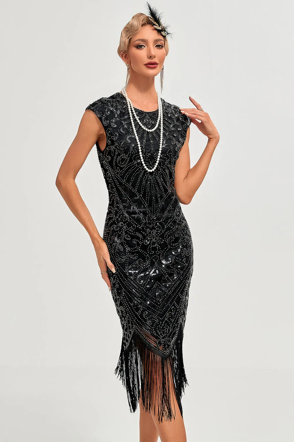 Sparkly Black Beaded Fringed 1920s Gatsby Dress sold by Zapaka
