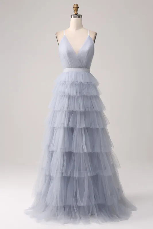 Grey Blue A Line Tiered Tulle Backless Long Prom Dress sold by Zapaka
