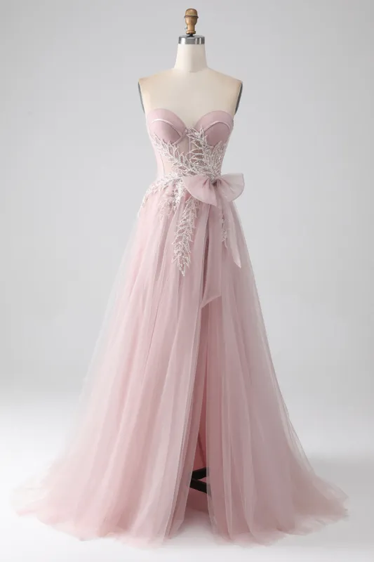 Sparkly A Line Strapless Tulle Prom Dress with Bow sold by Zapaka