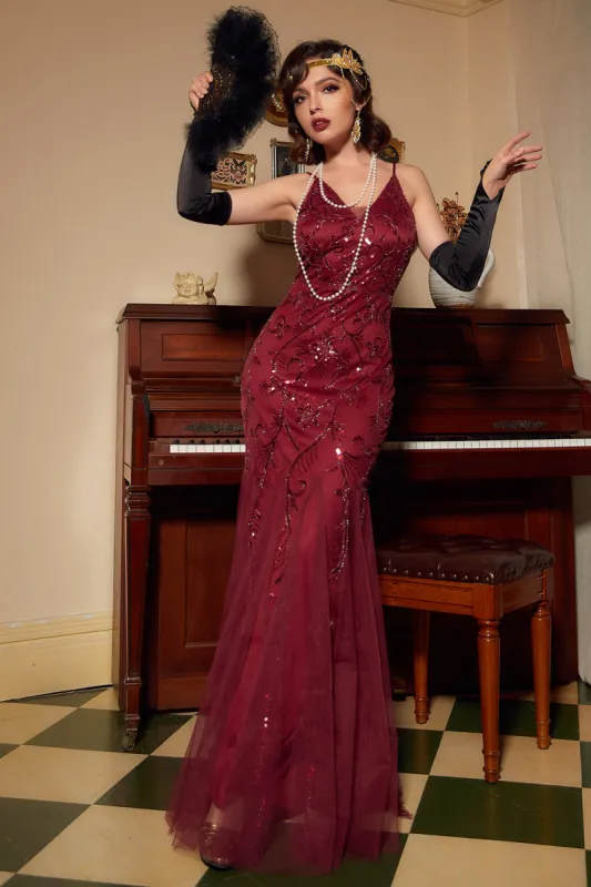 Red Sequins V-neck Long 1920s Dress sold by Zapaka