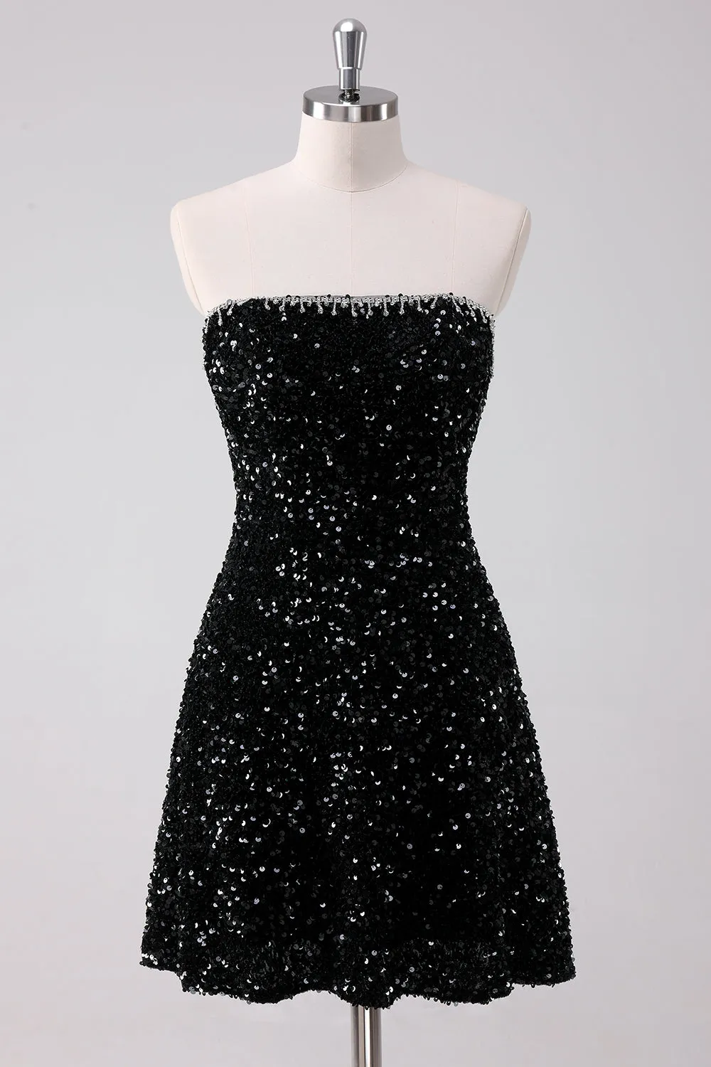 Sparkly Black A-Line Strapless Sequins Short Homecoming Dress sold by Zapaka