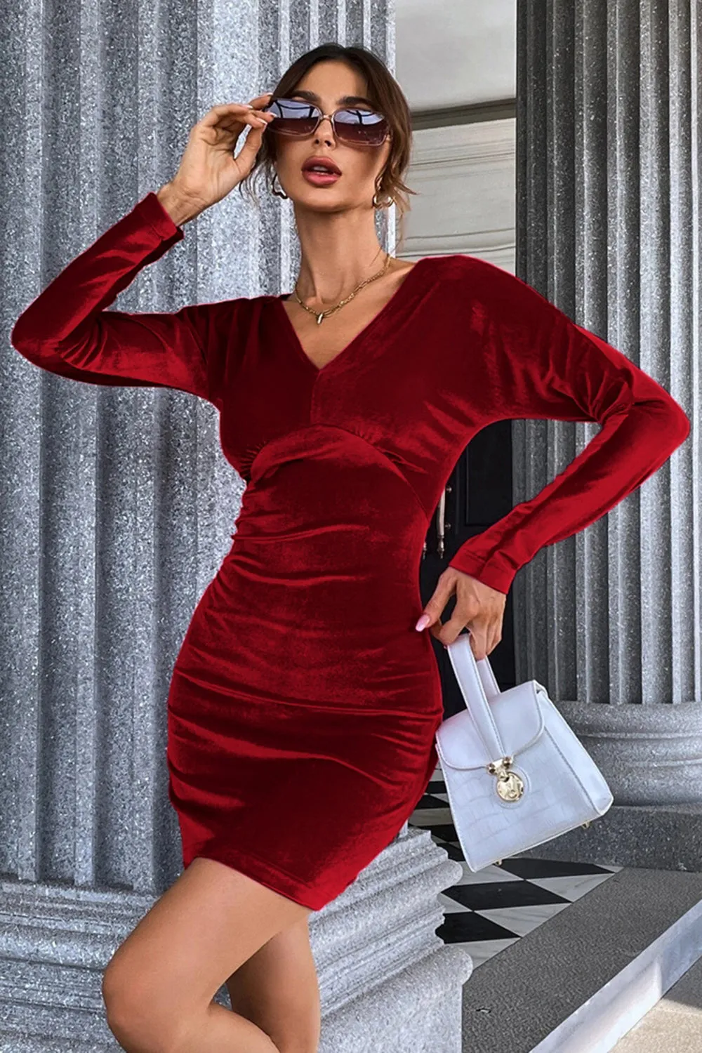 Burgundy V-Neck Velvet Short Party Dress sold by Zapaka product image thumbnail 5