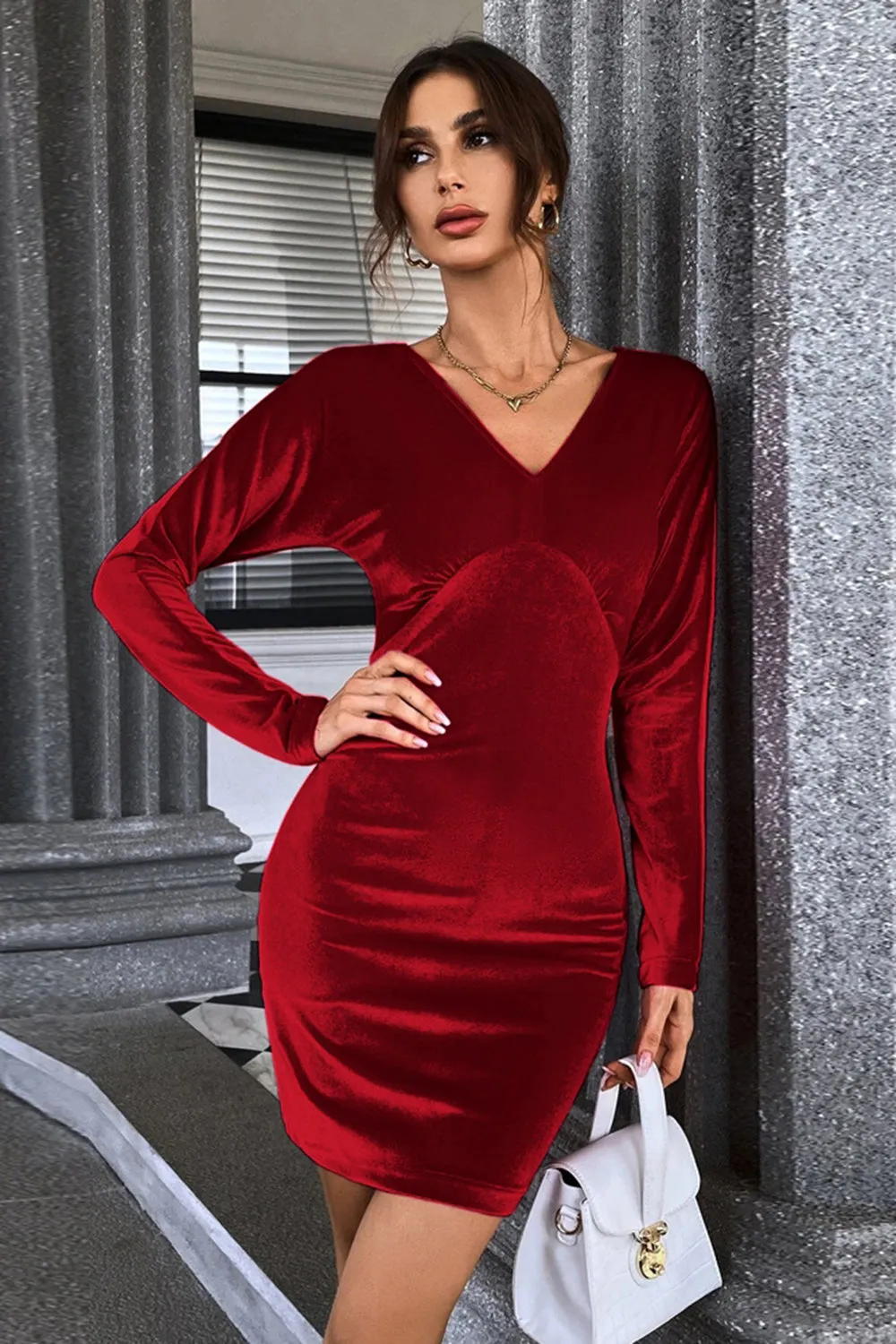Burgundy V-Neck Velvet Short Party Dress sold by Zapaka product image thumbnail 3