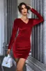 Burgundy V-Neck Velvet Short Party Dress sold by Zapaka