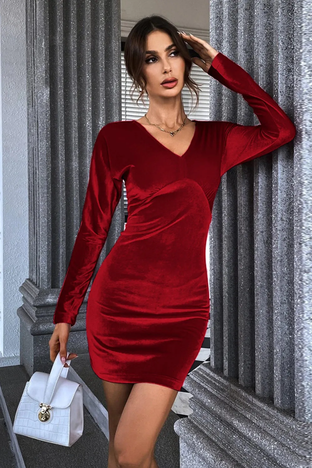 Burgundy V-Neck Velvet Short Party Dress sold by Zapaka product image thumbnail 4