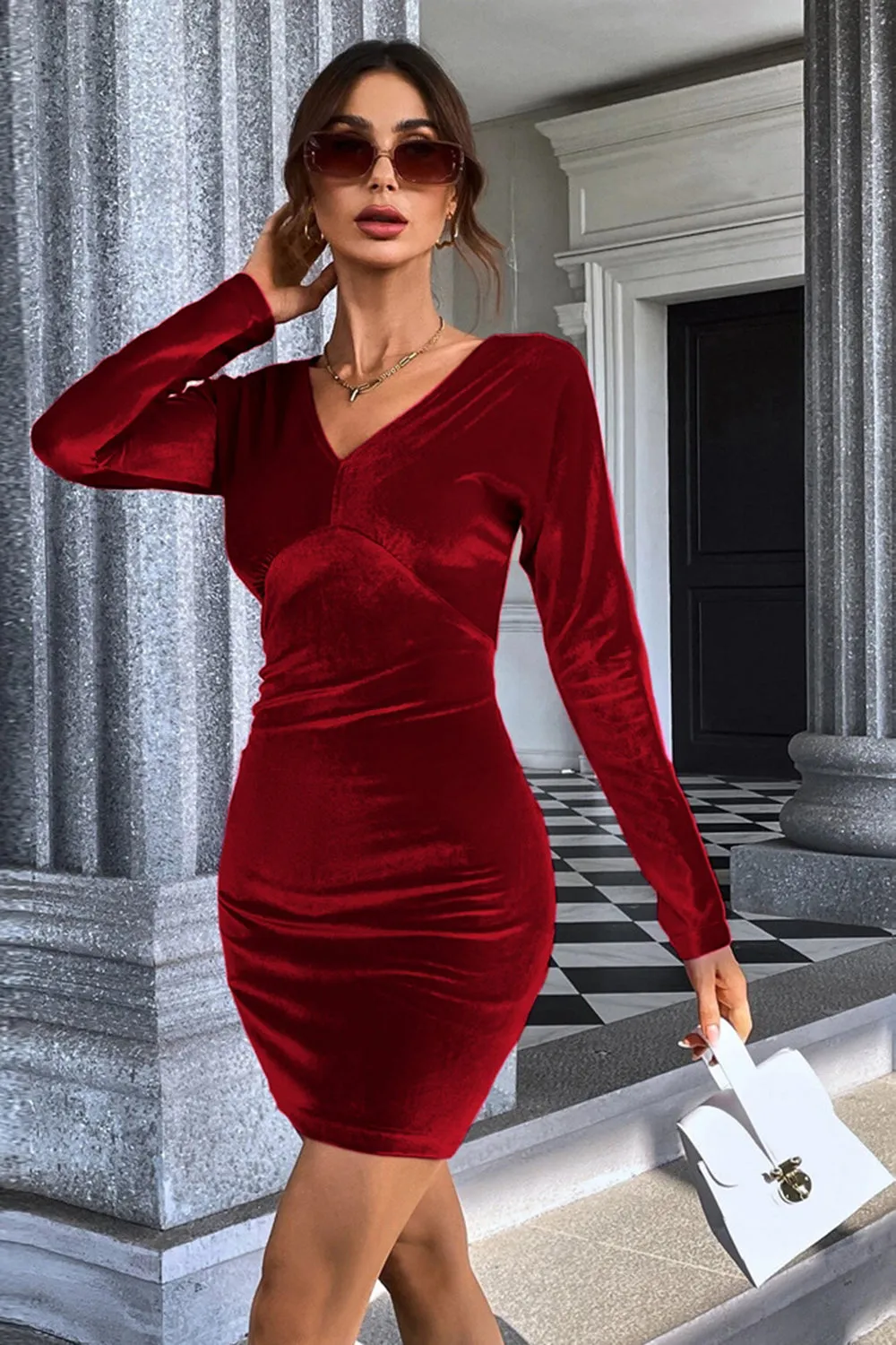 Burgundy V-Neck Velvet Short Party Dress sold by Zapaka
