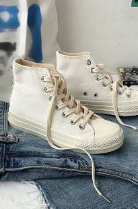 White High Top Lace Up Canvas Sneakers sold by Zapaka